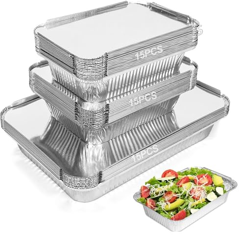 WORLUDE 45 Pack Aluminium Foil Trays with Lids - 1900ml/700ml/450ml, Disposable Take Away Food Containers, Reusable Foil Baking Trays for Cooking, Roasting, Frying