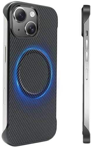 FAOMSEBS Senza Bordo Cover per iPhone 14 Plus per MagSafe (Texture in Fibra di Carbonio) [Magnete Potente] [Sensazione Metallo Nudo] Custodia per iPhone 14 Plus Cover, Rapida Dissipazione Calore