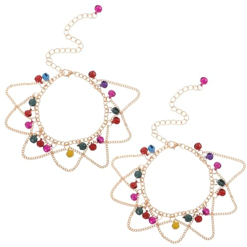 NIYANGLE Lot de 2 bracelets de cheville indiens - Chaînes de cheville à pompons avec clochette, bijoux de pied d'été pour femmes - Accessoires de danse orientale
