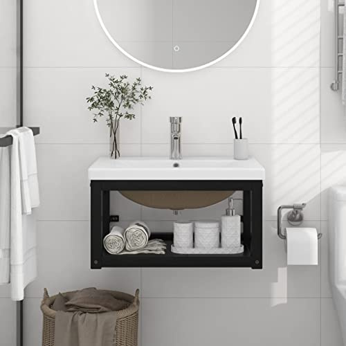 Teenpull Meuble de lavabo mural avec bac encastrable, noir, fer revêtu par pulvérisation, 59 x 38 x 31 cm, lavabo en céramique blanc, design moderne, pour salle de bain et buanderie