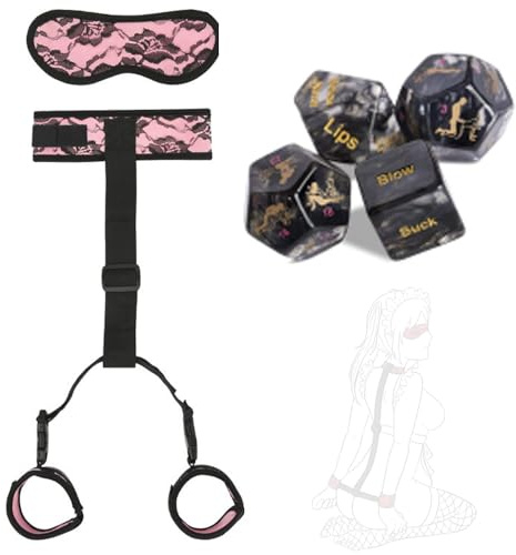 3-teiliges Set mit rosa Handschellen und Augenbinde, inklusive erotischem Würfel, ideal für SM-Spiele zu zweit