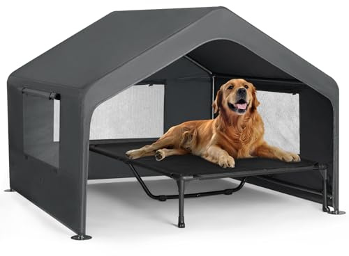 Veehoo Extra Large Dog House Outdoor with Elevated Dog Bed, Outside Dog Tent 4.1' x 4.1' x 3.3', Weatherproof Dog Shade Shelter and Raised Bed Combo for Pets or Stray Animals, Grey