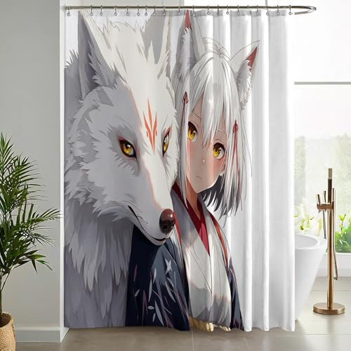 NAWVNMI Duschvorhang Anime Mädchen Fuchs Fantasy-Illustration Duschvorhänge 180 x 200 cm Anti-Schimmel Wasserdicht Polyester Stoff Waschbar Bad Vorhäng für Badzimmer mit Haken