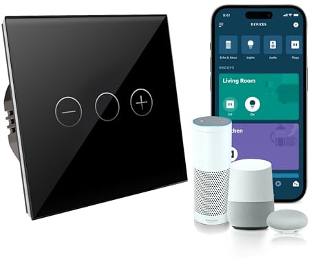 PULSAR WLAN Touch Dimmer Unterputz Schwarz, 1-Fach Smart Lichtschalter kompatibel mit Alexa & Google Home, App- & Sprachsteuerung, Rahmen aus Kristallglas