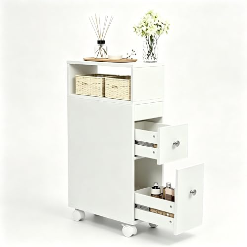 Hoclauho Nischenschrank Badezimmer auf Rollen 33 cm tief, schmaler Apothekerschrank, Bad Nischenschrank mit 2 Schubladen, Slim Storage Cart Bathroom Weiß