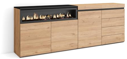 HABITMOBEL Buffet Aparador con Almacenamiento de 207x75x35 cm, Mueble Dormitorio, Salon o Comedor con Iluminacion Led Estilo Moderno Acabado Roble