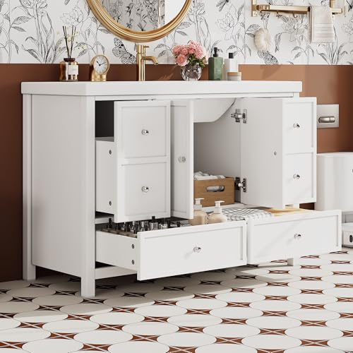 BNUZ Tocador de baño independiente, 120 x 50 x 86,5 cm, lacado, cuatro cajones silenciosos, puertas dobles con función de cierre suave, lavabo de resina integrado, color blanco