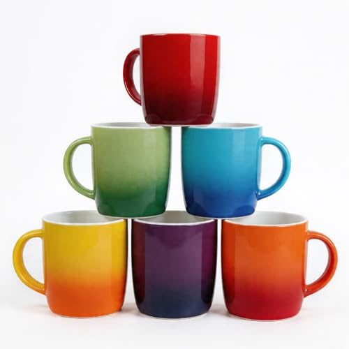 Signzworld Mugs Set of 6 Stoneware Rainbow Colourful Ceramic Coffee and Tea Cup for Hot Drinks Dishwasher Microwave Safe 350ml