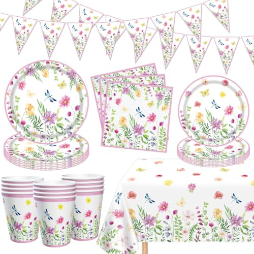 83 Pack Spring Flower Party Supplies Floral Paper Plates Banner Tablecloth Napkins Wildflower Baby Shower Birthday Tableware Decorations for Spring Picnic Wedding Tea Party Serves 20