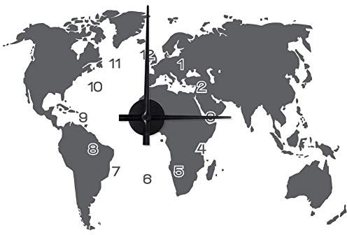 WANDKINGS Weltkarte Wanduhr Wandtattoo (Farbe: Uhr=Schwarz, Aufkleber=Dunkelgrau)
