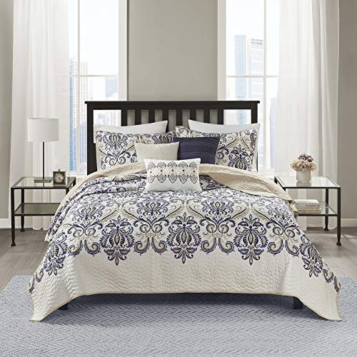 Madison Park Quilt Traditional Damask Design All Season, Lightweight Coverlet Bedspread Bedding Set, Matching Shams, Pillows, King/Cal King(104x94), Navy/White 6 Piece