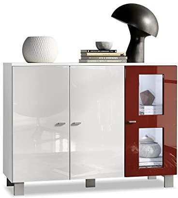Vladon Sideboard Denjo, Made in Germany, Kommode mit 3 Türen, Weiß matt/Weiß Hochglanz/Bordeaux Hochglanz, inkl. LED-Beleuchtung (107 x 81 x 35 cm)