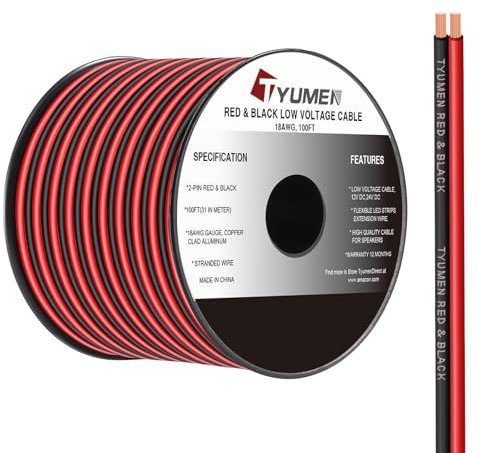 TYUMEN 100FT 18 Gauge 2pin 2 Color Red Black Cable Hookup Electrical Wire LED Strips Extension Wire 12V/24V DC Cable, 18AWG Flexible Wire Extension Cord for LED Ribbon Lamp Tape Lighting