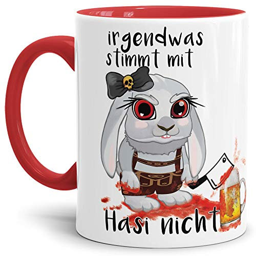 Hasi-Tasse Tracht - Oktoberfest/Witzig/Hasi/Schön/Lustig/Geschenk - Irgendwas stimmt mit Hasi Nicht - Innen & Henkel Rot