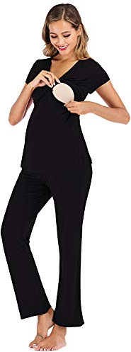 rismart Femme Ensemble de Pyjama de Maternité et d'allaitement Manche Courte Grossesse Vêtements de Nuit T-Shirt et Pantalon