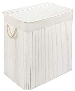 Cesto per il bucato con coperchio e 2 scomparti - robusto cesto per il bucato in bambù - cesto per il bucato bianco con sacchetto per il bucato, lavabile - 100% bambù - 104 litri