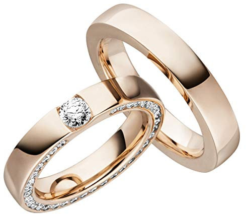 JC Trauringe Silber 925 Paarpreis Eheringe Rotgold Plattiert I Verlobungsringe breit 4,5 mm I Partnerringe mit Gravur in edler Schatulle I 2 Hochzeitsringe Herrenring & Damenring mit Steinen I LC115-P