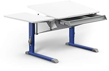 Moll Bandit Kinderschreibtisch höhenverstellbar | mitwachsend, ergonomisch & neigbar für aufrechtes Sitzen | ideal für Schulkinder | Schreibtisch weiß (Side Top & Schublade, Blau, 90cm x 70,5cm)