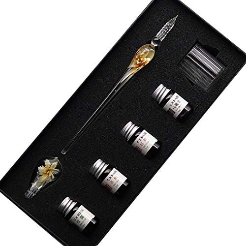 SIPLIV kit de pluma estilográfica de cristal de intarsia hecha a mano con firma de caligrafía pluma con tinta de 4 colores, portalápices, taza de limpieza, amarillo