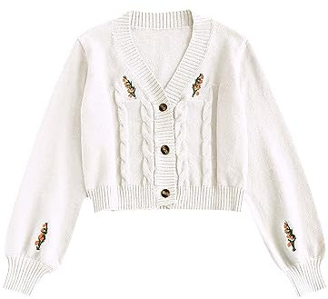 ZAFUL Women's Button Up Embroidered Cable Knit Cardigan V Neck Long Sleeve Cropped Sweater, 3-crystal Cream, One size