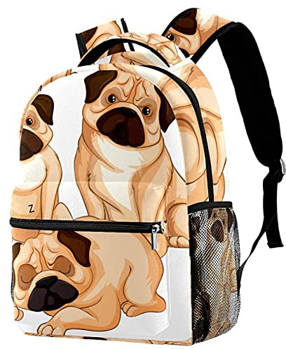 Schulrucksäcke für Teenager, Junioren, legerer Tagesrucksack, Laptoptasche, drei Mops-Hunde auf weißem Grund, Multicolor 01,