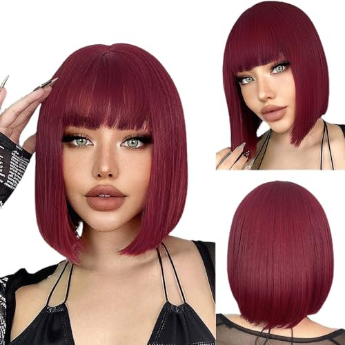 colorfulpanda Perücke Rot Damen Kurze Bob Haare Perücken Synthetische Cosplay Gerade mit Flach Pony Natürliche Synthetische Bunte Cosplay Tägliche Party Perücke für Frauen