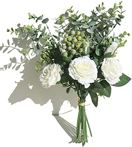 huaao Künstliche Blumen Rosen mit Stielen Blättern Eukalyptus Blumenarrangements Dekoration Seidenblumen für Hochzeits Sträuße Inneneinrichtung Dekoblumen (Crema)