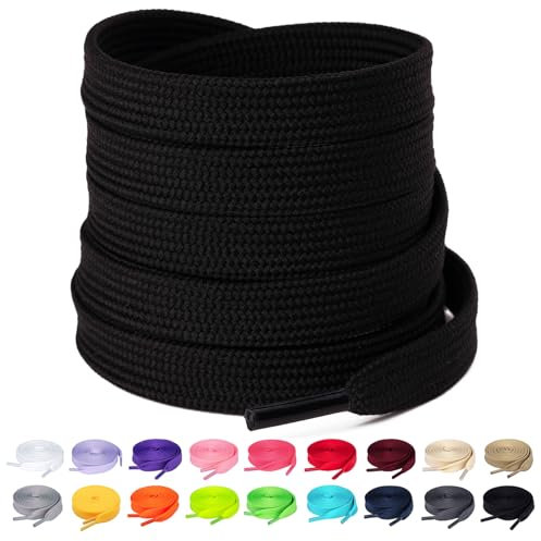 Olukssck Lacci Scarpe Piatti Colorati, [2 Paia] Stringhe Scarpe Resistenti Lacci da Ricambio per Scarpe Sportive, Scarponcini, per Adulti e Bambini - Larghezza 10 mm, Nero, 120cm