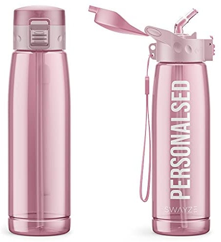 Personalised Water Bottle With Straw 660ml, School Water Bottles Boys Girls, Gym Bottle Bpa Free Cycling Sports Add Your Custom Text To Bottle (Pink)