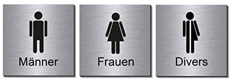 3er Set-Männer-Frauen-Divers-Toilette-Dritte Geschlecht-Toilettenschild-100 x 100 x 3 mm-Design Schild-Aluminium-Edelstahloptik-Hinweisschild (1910-4-5-102 - 10 x 10 cm mit Klebepads)