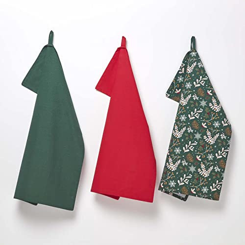 Homescapes 3er-Set Weihnachts-Geschirrtücher Weihnachtswald grün-rot, 3 Küchentücher aus 100% Baumwolle, saugfähige Geschirrhandtücher mit Weihnachts-Dekor