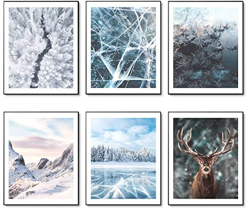 WinterWandkunstdrucke Leinwandkunst Wandkunst WinterPoster Eissee Schnee Wald Frost Hirsch Berge Bilder FotoGemälde für Heimdekoration Wanddekoration 8x10 Zoll (20.3x25.4cm) Ungerahmt