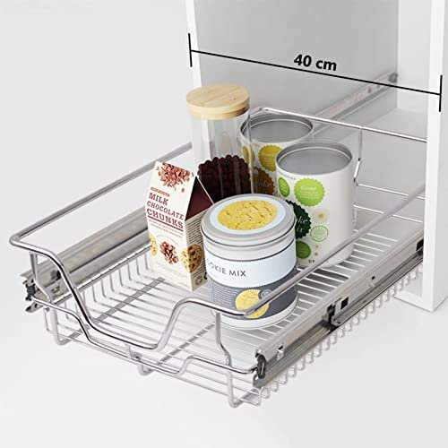 MOONAIRY Einbauschublade Korbauszug 2 STK Küchenschubladeneinsätze, Apothekerschrank Einsatz, Gemüse Regal, Gewürzregal Ausziehbar Für Küchenschrank, Drahtkorb Unterschrank, Silbern 400 mm