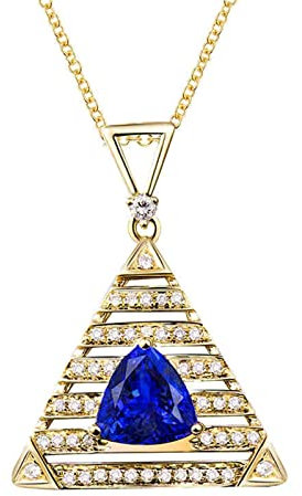 18K Gold Necklaces For Women, Real Yellow Gold Pendant Necklace Triangle with Diamond and Tanzanite 1.32ct with 45+5cm Extender Rolo Chain