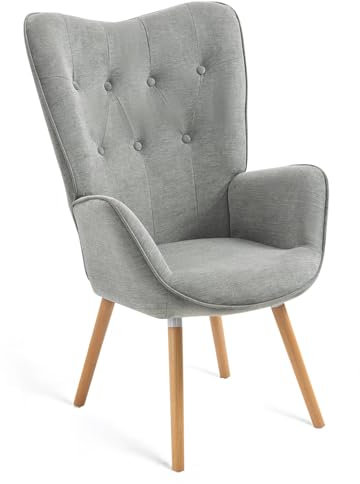 MEUBLE COSY Sessel Wohnzimmer Relaxsessel Lesesessel Lehnstühle Polstersessel Einzelsofa mit Holzbein Ohrensessel für Schlafzimmer Büro Vanity, Stoff, Grau