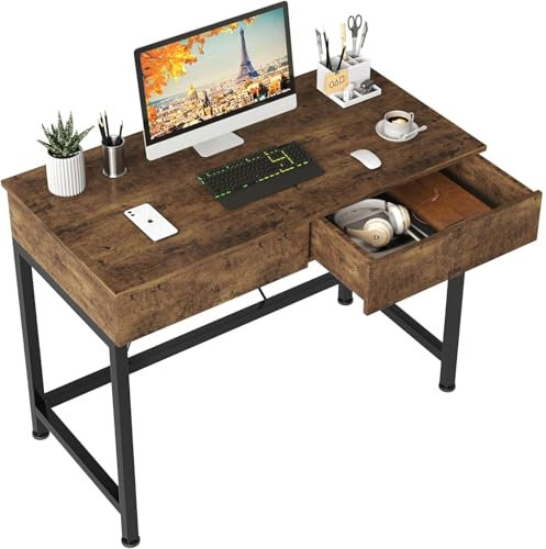 CAIYUN Computer Desk with Drawers, Dressing Table, Vanity Desk, Make Up Desks, Home Office Desks with Storage, Study Tables for Small Space, Laptop Table Made of Wood and Metal, 39.4, Brown