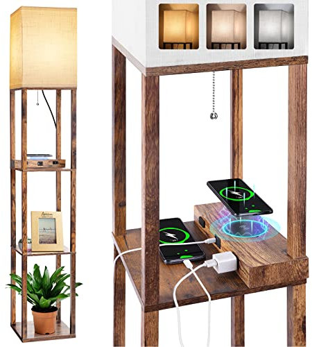 Dott Arts Stehlampe mit Regalen, Regallampe mit kabellosem Ladegerät und USB-A+C-Anschlüssen und 2 AC-Steckdosen, 3 Farbtemperatur-Ecken, braun, hohe Stehleuchten für Wohnzimmer, Schlafzimmer, Büro