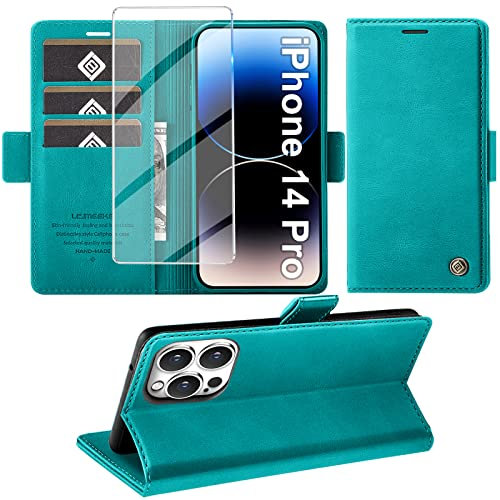 Giyer Handyhülle für iPhone 14 Pro Hülle mit Schutzfolie, Standfunktion Kartenfach Wallet Premium Leder Schutzhülle für iPhone 14 Pro 5G 6.1 Zoll Flip Case Cover Stoßfeste Klapphülle (Cyan)