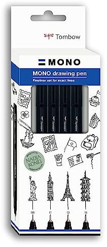 Tombow Fineliner MONO drawing pen, Fine Set, Pigmenttinte, Wasser- und Lichtresistent, zum Illustrieren und Zeichnen, Schwarz, 4er-Set, WS-EFL-H-F-4P
