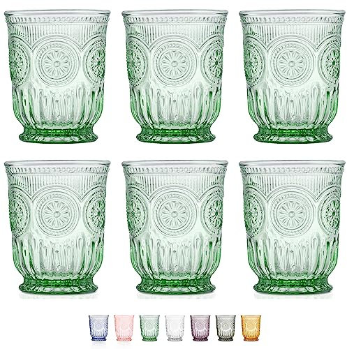 Yungala Green Glassware set of 6 green drinking glasses, textured colored vintage glass cups dishwasher safe
