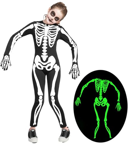 Spooktacular Creations Kinder Skelettkostüm, Unisex Glow im dunklen Skelett Overall mit Handschuhen für Jungen, Girls Halloween Dress Up, Rollenspiel, Cosplay Party