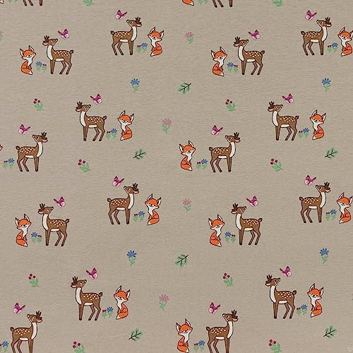 Jersey Kinderstoff Waldtiere Kindermotiv ab 0,5m Baumwoll-Stoff Oeko-Tex zertifiziert, Farbe:cappuccino
