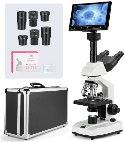 Vabiooth Laborkomplexes Trinokulares Mikroskop mit konstanter Temperatur, 40X-2500X Vergrößerung und 5MP 7-Zoll Monitor, Einstellbarer thermostatischer mechanischer Tisch für Tierhaltung
