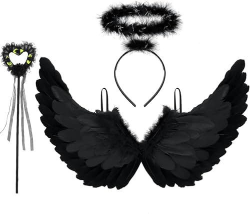 Newthinking Alas de ángel negro y halo, disfraz de diablo negro para mujer, disfraz de ángel oscuro, fiesta de disfraces de Halloween para adultos y niños, talla única, conjunto de accesorios