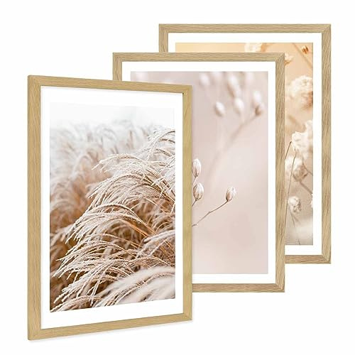 PHOTOLINI Bilderrahmen A2 Holz Eiche, 3er Set breiter A2 Bilderrahmen 42x59,4 zum Aufhängen, Rahmen 42x60 mit bruchsicherem Acrylglas & Zubehör - Poster Frame für Ihre stilvolle Wanddekoration
