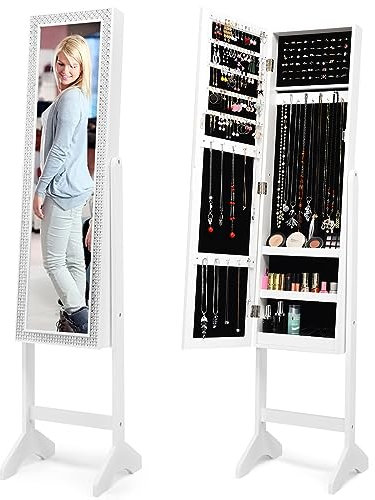 HOMASIS Joyero con espejo de cuerpo entero y estante de escalera, joyero de madera con marco de diamante, armario con espejo de pie con ángulo ajustable para collares, anillos y pendientes (Blanco)