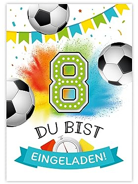 Minkocards 12 Einladungskarten zum 8. Kindergeburtstag Junge Fußball Fussball Einladungen zum achten Geburtstag Kinder bunte Geburtstagseinladungen
