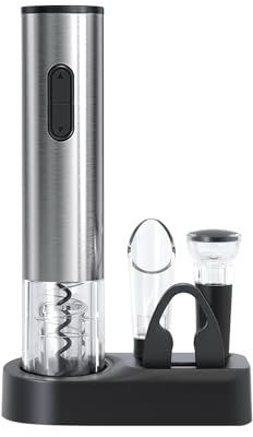 ELMWAY Electric Wine Opener Set – Battery Operated Corkscrew with Stainless Steel Design, LED Light & Transparent Window, Includes Foil Cutter, Wine Aerator Pourer, Vacuum Stopper & Storage Base