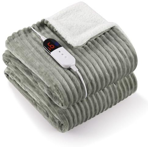 CURECURE Electric Heated Throw Blanket - 180 X 130cm Warm Ribbed Flannel with 6 Heat Settings & 1-10 Hours Timer, Fast Heating, Overheating Protection, Machine Washable (Gray Green)