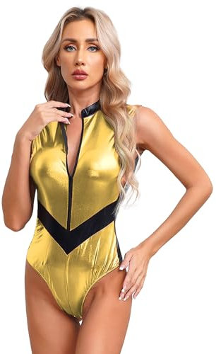 iEFiEL Damen Metallic Body Lackleder Bodysuit Catsuit Wetlook Jumpsuit Langarm/Kurzarm Turnanzug Ballettbody Trikotanzug Tanzkostüm Wa Gold XXL